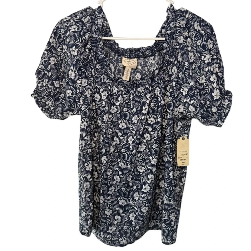 St Johns Bay Navy Floral Smocked Square‎ Neck Puff Sleeve Blouse Top Small NEW